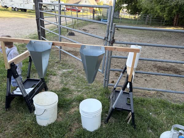 Kill cones mounted on a stand, with buckets below